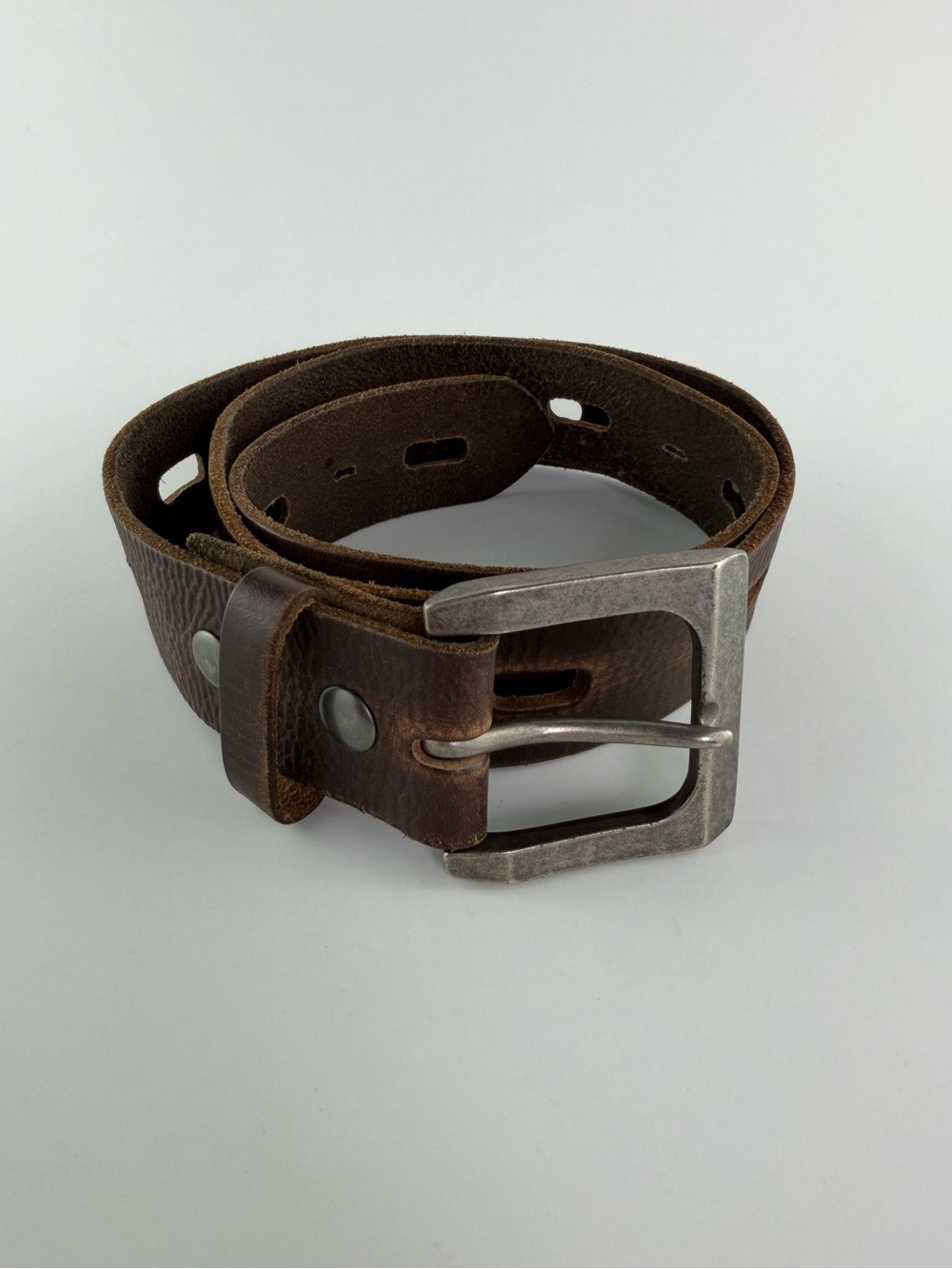 Vintage Y2K Perforated Leather Belt with Silver Tone Square Buckle Size 32 Brown - Picture 5 of 7